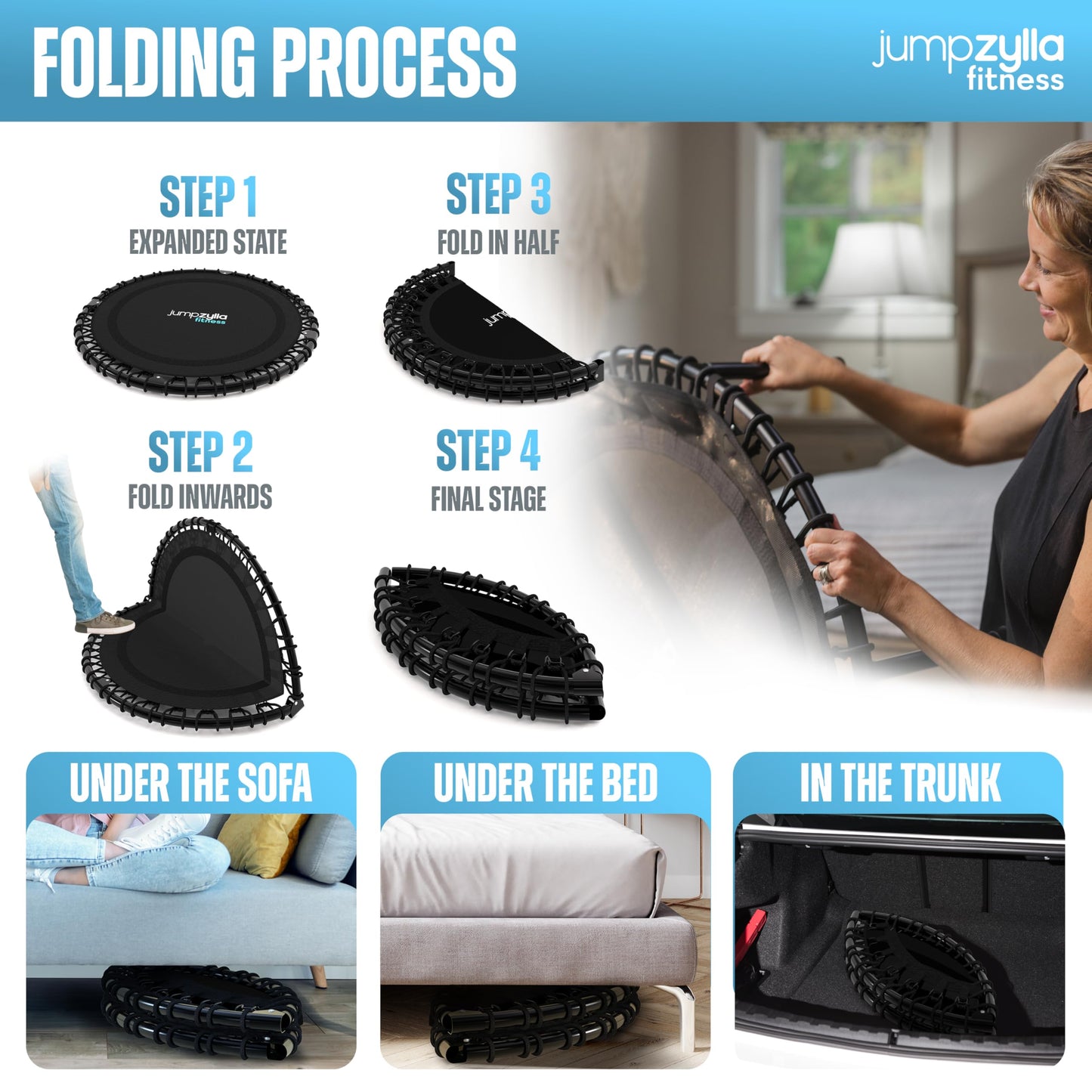 Jumpzylla Fitness Trampoline 40"| Foldable Mini Rebounder Trampoline for Adults with Bar | Durable, Quiet, Low-Impact Exercise Equipment for Indoor and Home Workouts (450 LBS Capacity)