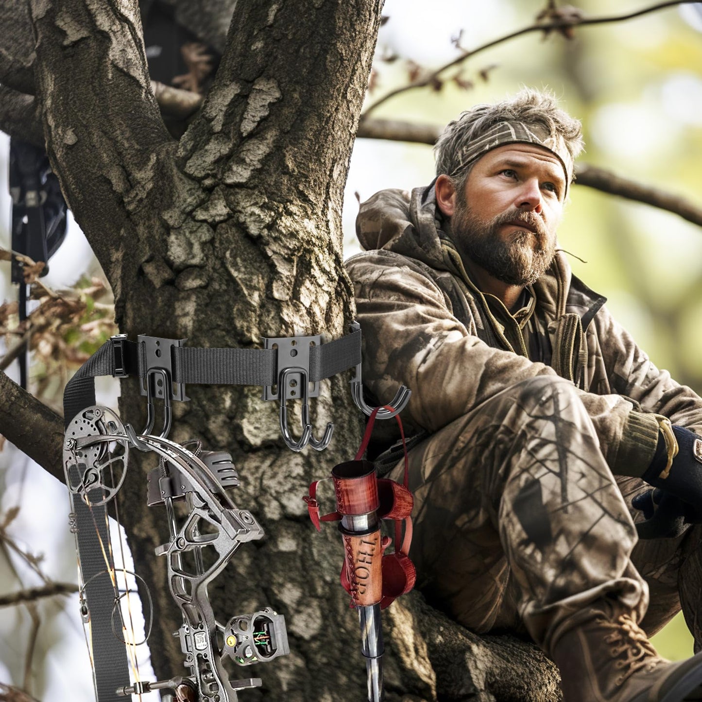 PAMASE Tree Stand Gear Hangers with 3 Metal Hooks - Thick Strap Bow Hanger for Hunting with Metal Buckle, Arrows Bag Archery Equipment Holder, Hunt Deer Treestand Saddle Accessory Kit