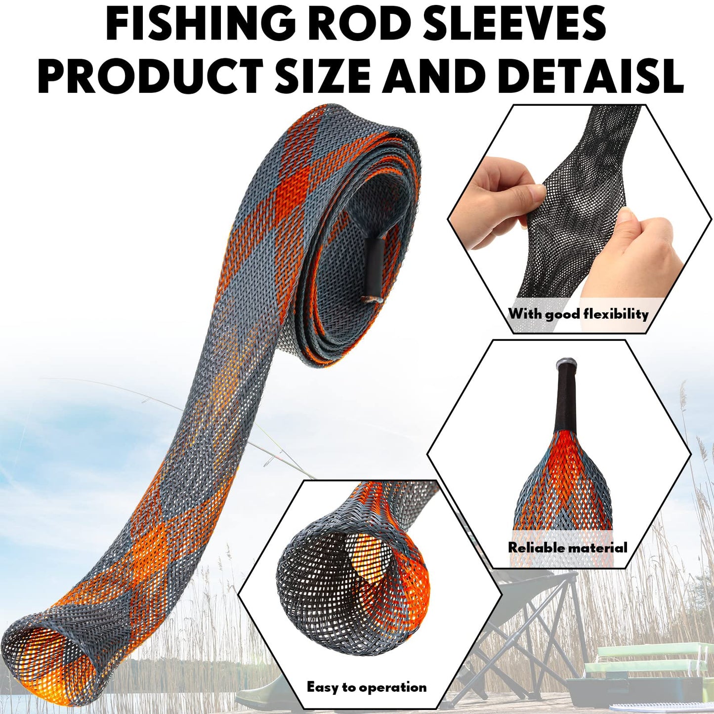 24 Pcs in Total, 12 Fishing Rod Sleeve and 12 Rod Strap, 66.93 Inch Braided Mesh Rod Socks Fishing Pole Covers with Rod Ties Straps for Fly Spinning Rod Casting Sea Rod Fishing Tool Accessories