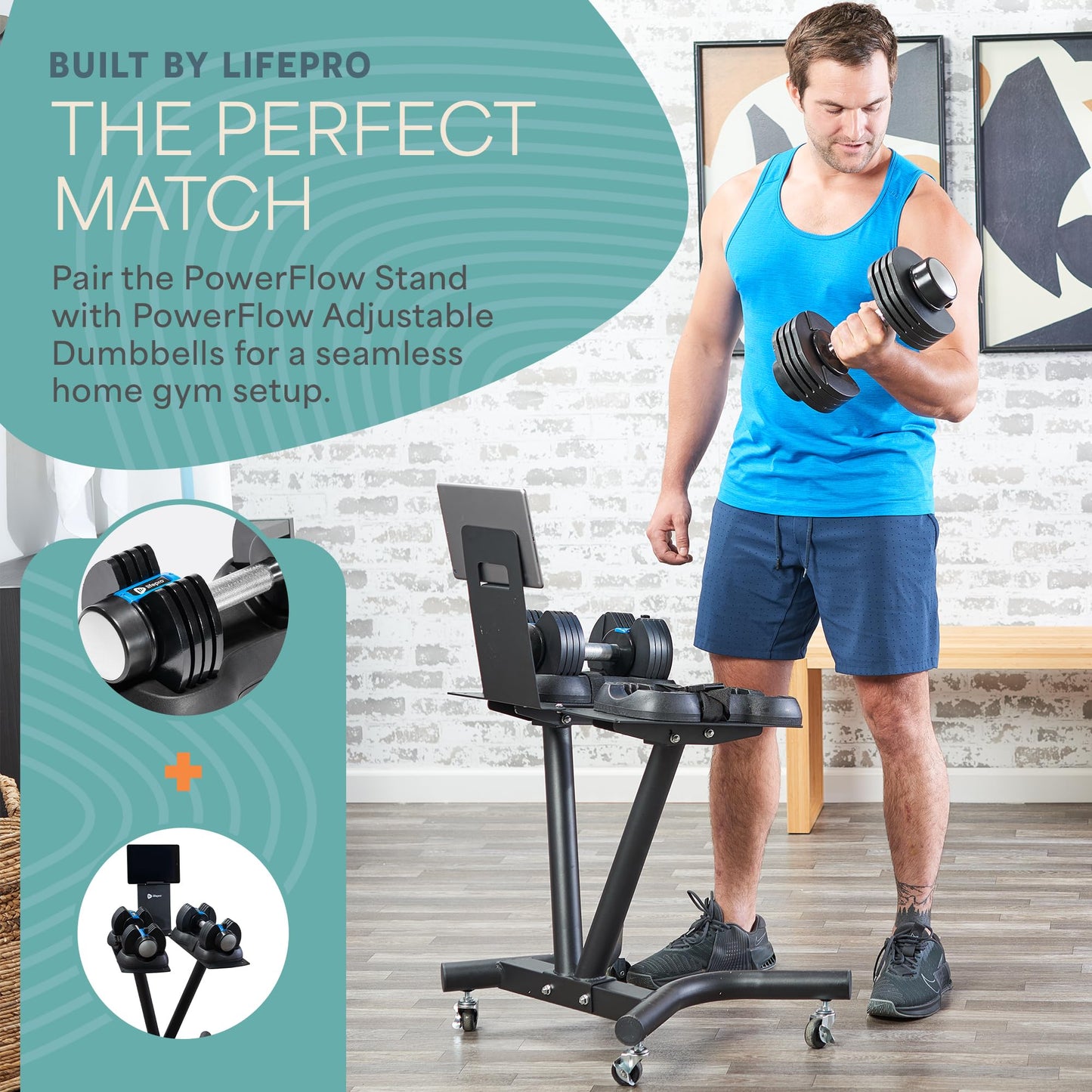 Lifepro Adjustable Dumbbell Stand Rack - Compatible with PowerFlow Plus, PowerUp Plus, and for More Brands- Phone Holder, featured Castors - Home Gym Storage and Convenient Strength Training