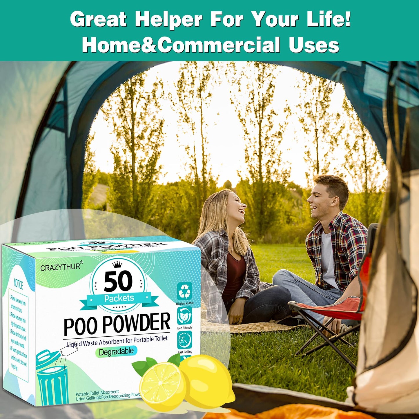 CRAZYTHUR Portable Toilet Gel, 50 Packets Camp Toilet Portable Gel, Poo Powder with Lemon Scent, Eco Gel for Portable Toilet Powder, Travel Toilet Gel for Outdoor Camping and Hiking