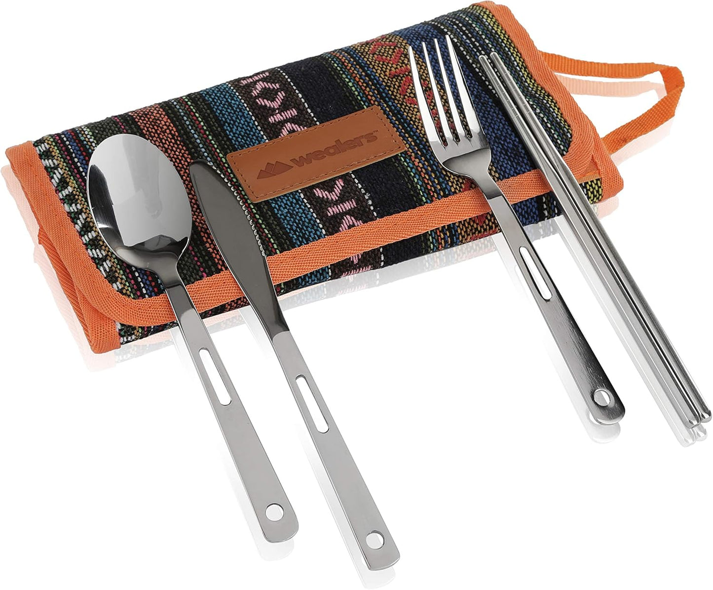 13 Piece Stainless Steel Family Cutlery Picnic Utensil Set with Travel Case for Camping | Hiking | BBQs - Includes Forks | Spoons | Knifes | Chopstick, Plus Nylon Commuter Case (Green)