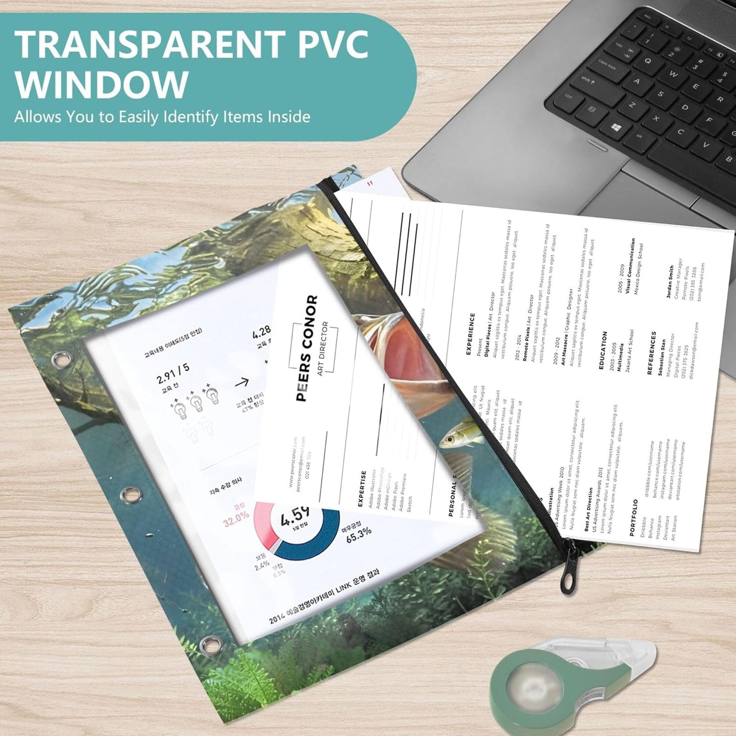 Largemouth Bass Fish 2 Pack 3 Ring Binder Pocket A4 Size Binder Pouches Clear PVC Loose Leaf Folder Sleeves Storage Bags for Files, Documents
