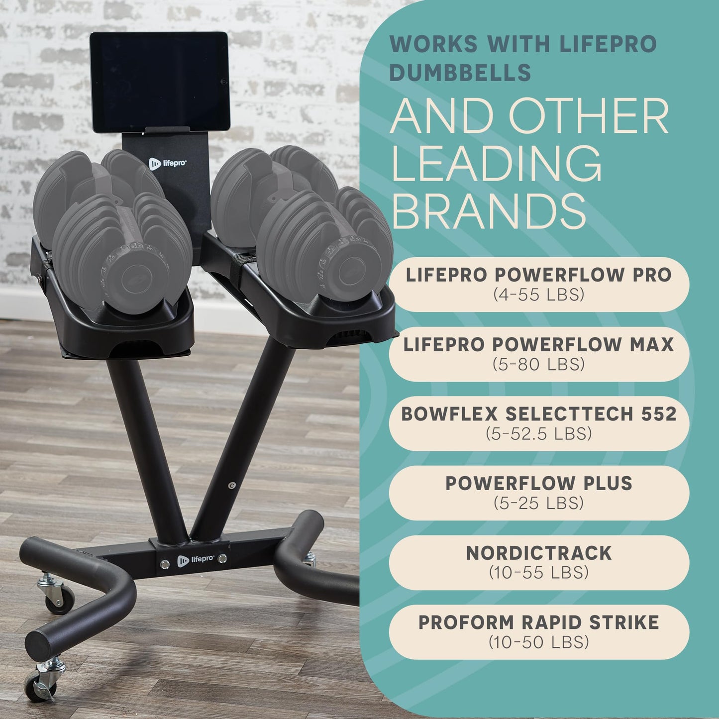 Lifepro Adjustable Dumbbell Stand Rack - Compatible with PowerFlow Plus, PowerUp Plus, and for More Brands- Phone Holder, featured Castors - Home Gym Storage and Convenient Strength Training