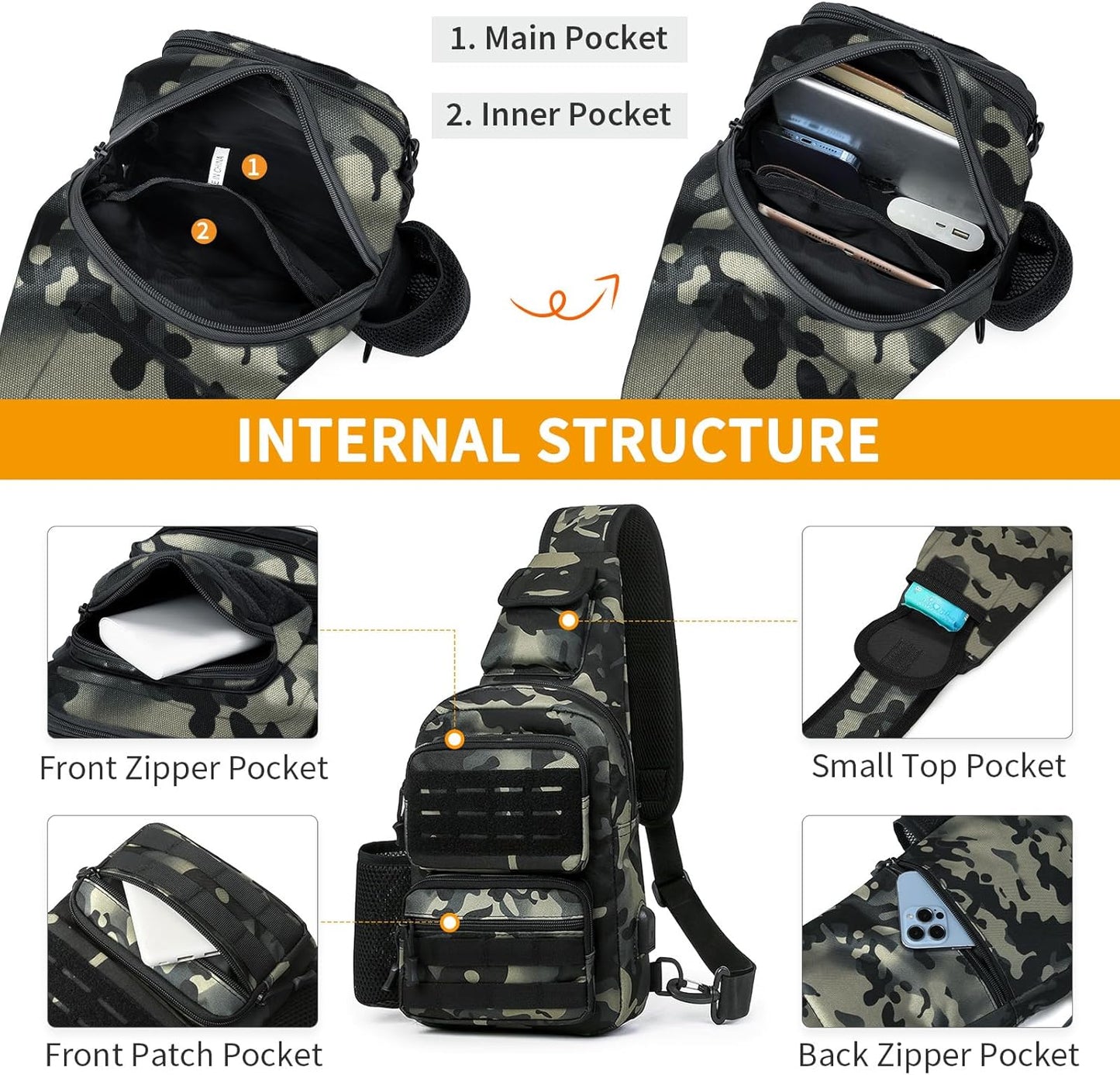 HUNTVP Small Tactical Sling Chest Pack Bag Molle Daypack Backpack Military Crossbody,Type1- ACU Camouflage