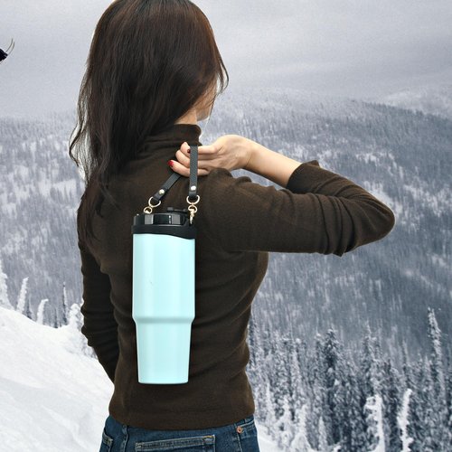 Wongeto Water Bottle Handle Strap,Genuine Leather Carrier Strap ,Fits Most 8-40oz Bottles Compatible with Stanley Cup Accessories (Black)