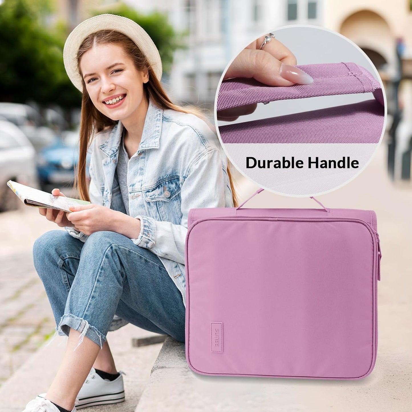 SUNEE Zippered Binder Bag with Handle, 2-Inch 3-Ring O-Ring, 500-Sheet Capacity, Includes Zip Pocket, 5-Tab Expanding File Folder, Multi-Pocket Organizer Binder for Middle School, Pink Lotus