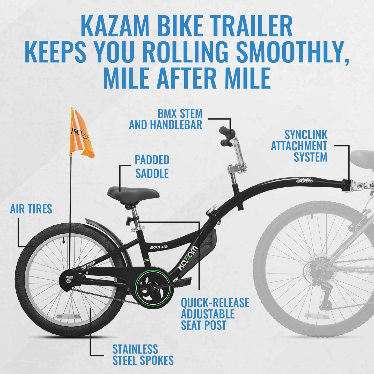 KaZAM Co-Pilot Bike Trailer - 20 Inch Bike Trailer with Adjustable BMX Stem and Handlebar - Lightweight Aluminum Frame and Padded Saddle for Cycling - Perfect for Family Rides - Black