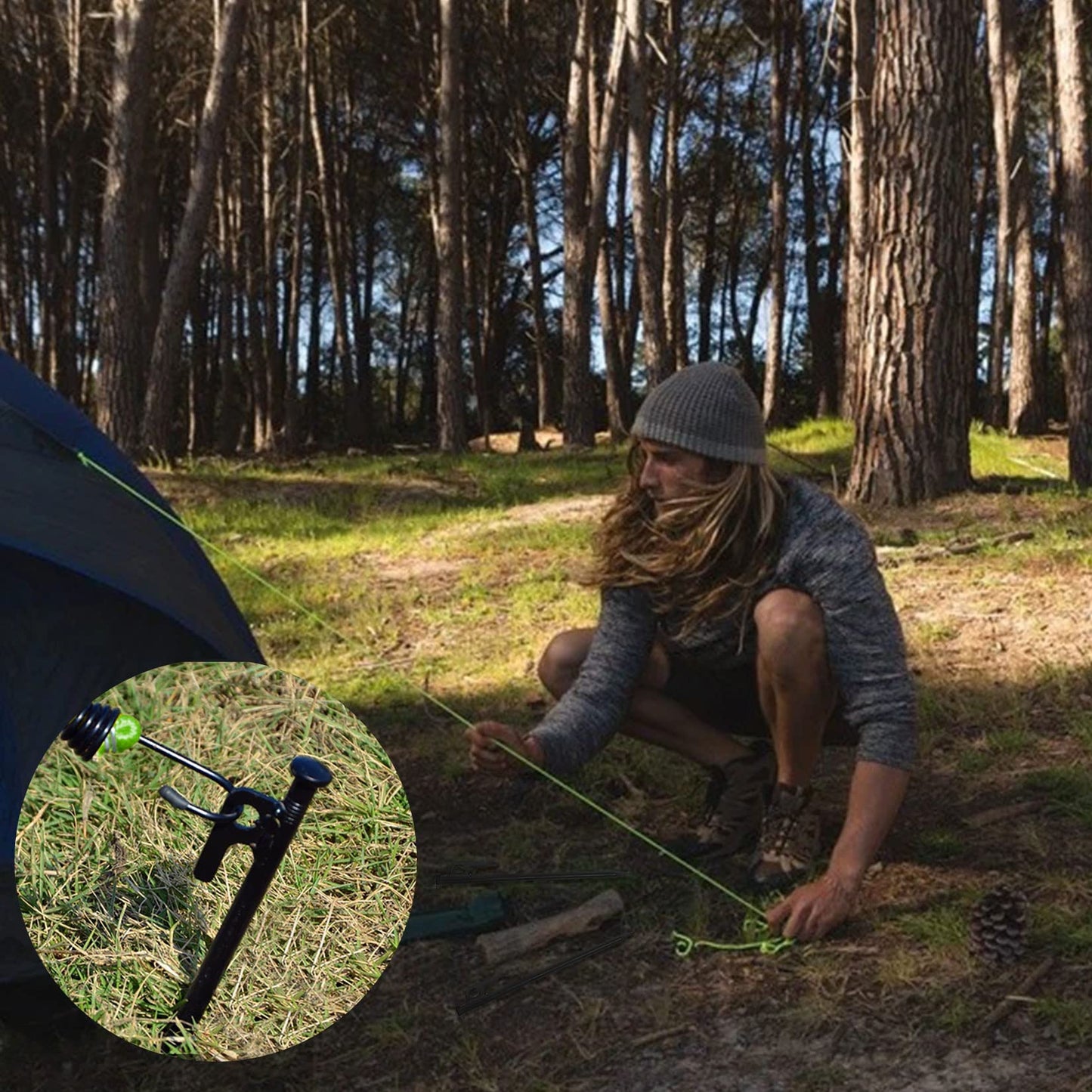 12'' 8pcs Tent Stakes and 12" Carbon Steel Aluminum Camping Hammer Green