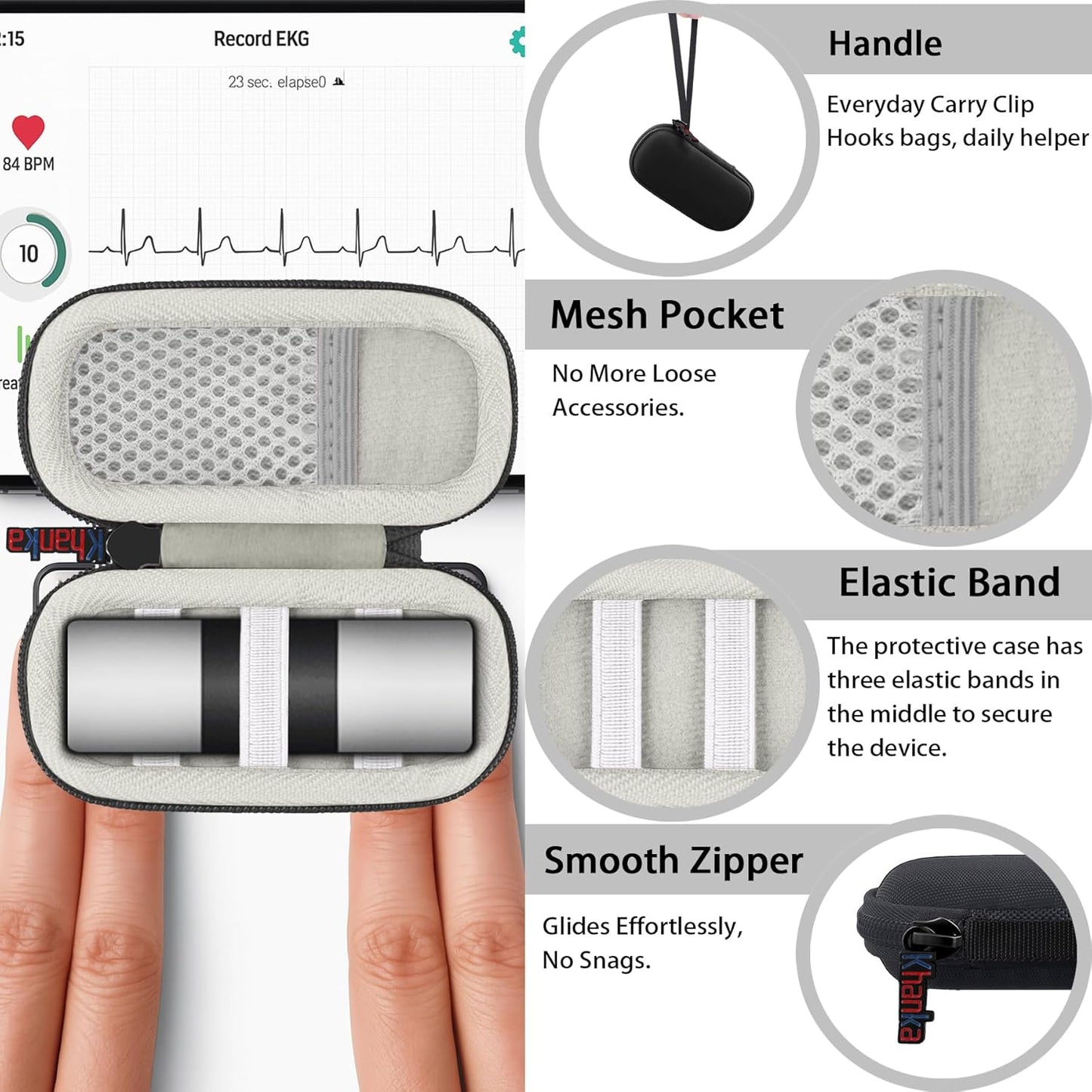 khanka Hard Case for AliveCor KardiaMobile ECG Monitor, Fits KardiaMobile 6L/6L Max, 6-Lead Personal EKG Device, Portable Heart Monitor Storage Case(Gray)