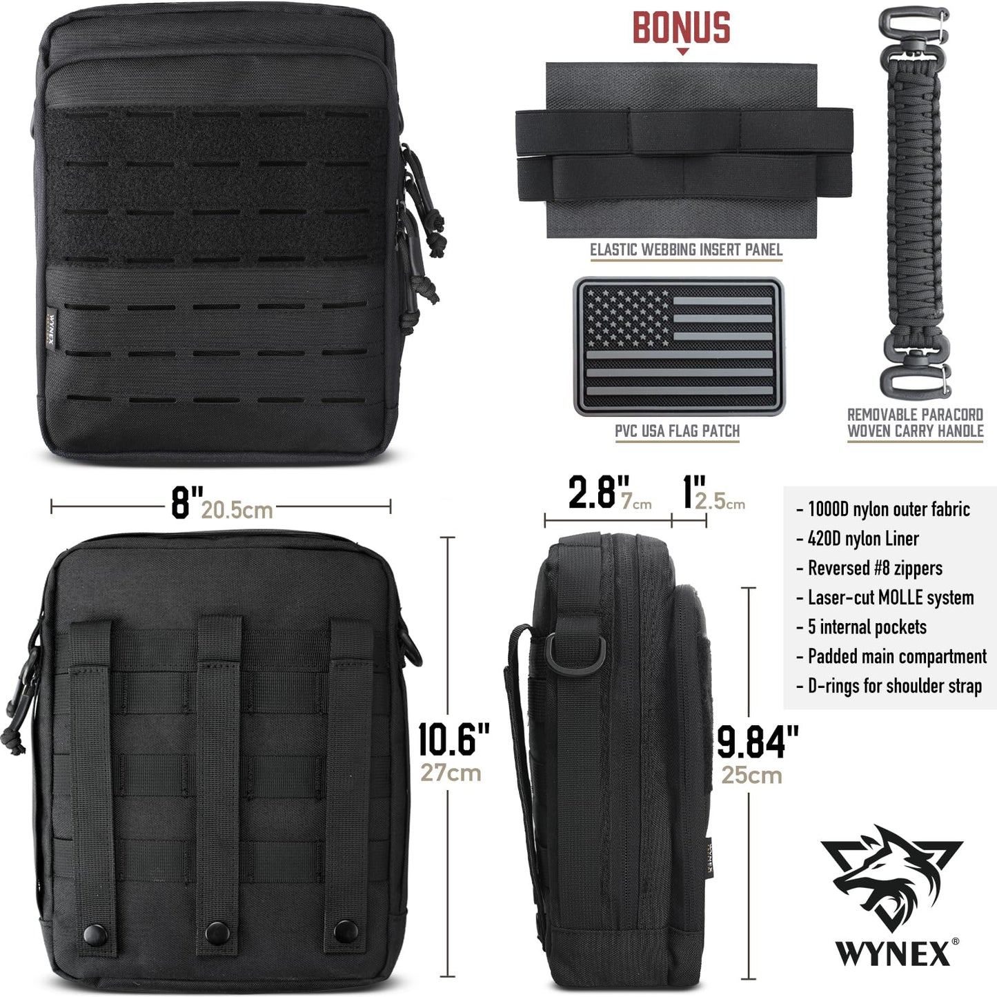WYNEX Tactical Molle Admin Pouch, Utility EDC Pouch Organizer Modular Tool Pouch of Double Layer Design Medical EMT Attachment Bag Large Capacity with Elastic Webbing Insert Panel