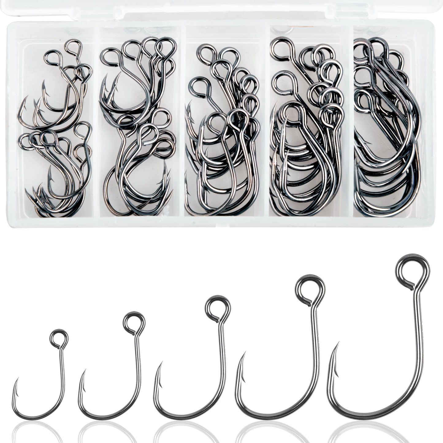 Inline Single Hooks Kits,Single Replacement Fishing Hooks for Lure Plugs Baits High Carbon Steel Inline Circle Hooks Large Eyes Saltwater&Freshwater 50PCS