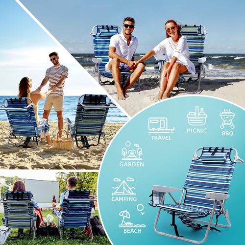 Yestomo Beach Chairs for Adults Heavy Duty, Compact Portable Lay Flat Folding Chair with Backpack Straps and Large Cooler Pouch, Support to 350LBS (Stripes_Blue&Cyan)