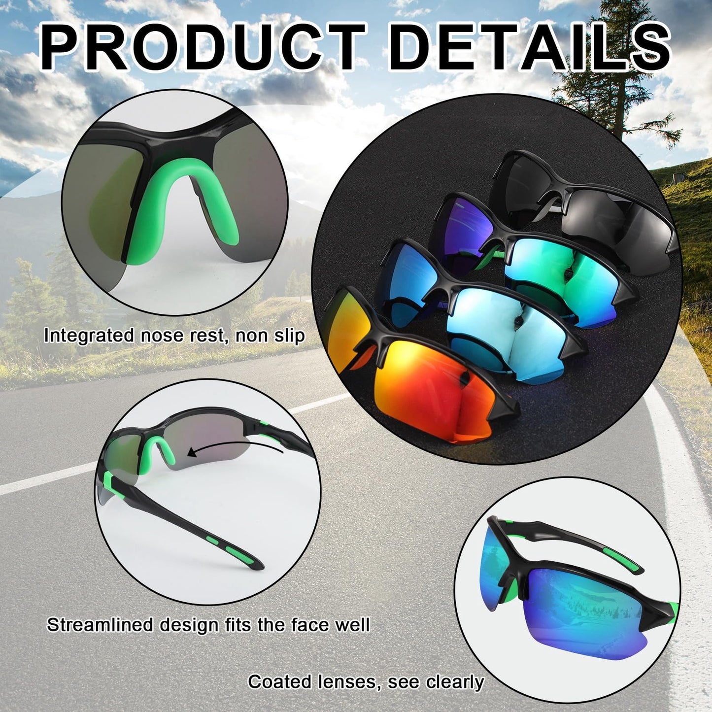 GGSTDDUP 4 Pack Polarized Sports Sunglasses for Men Women Baseball Cycling Running Fishing UV Protection Sun Glasses Lightweight Half Frame Goggles