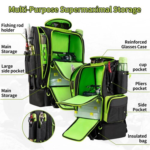BLISSWILL Large Fishing Backpack with Cooler for 3 Tackle Boxes - Fishing Bag with Rod Holders for Camping and Hiking