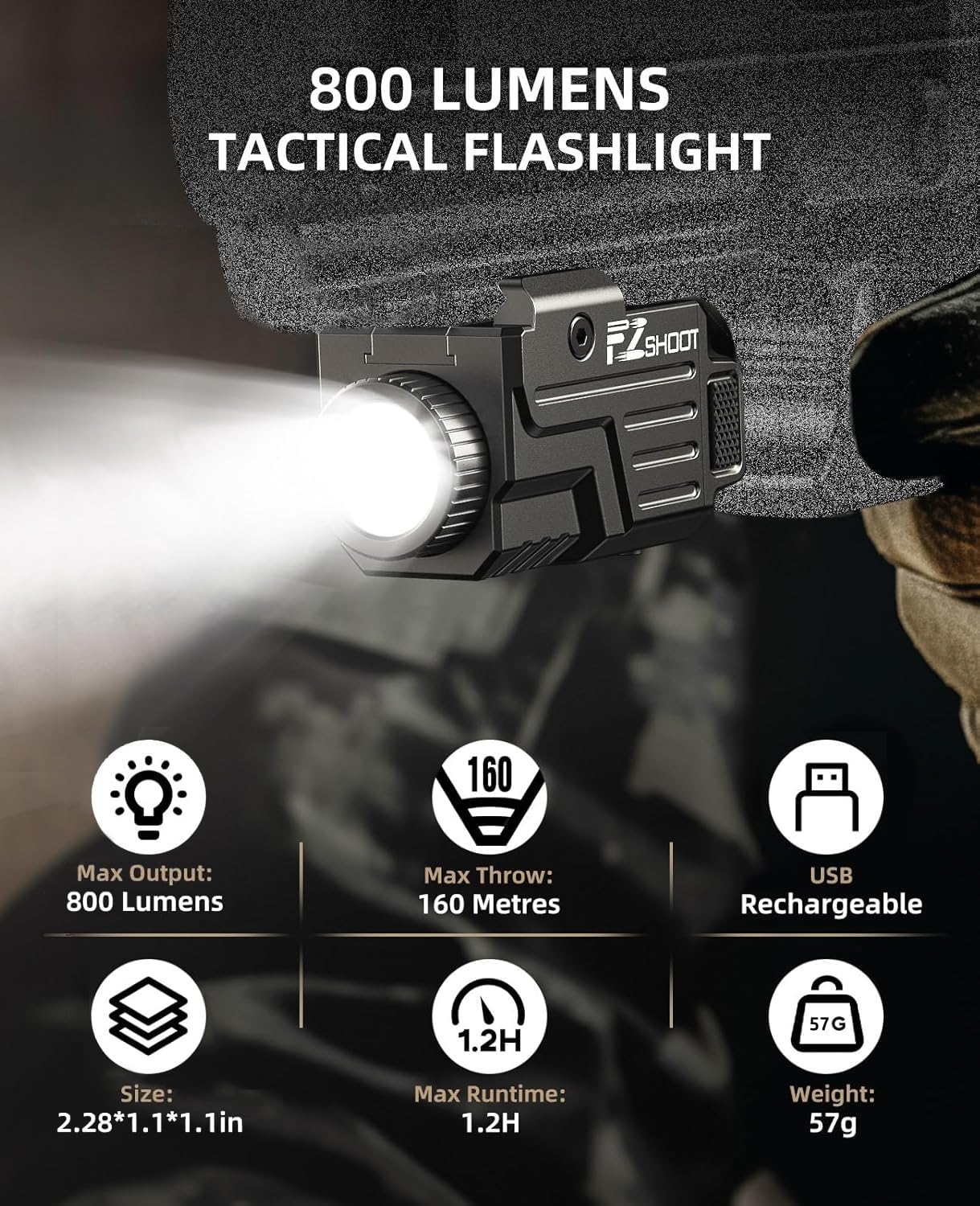 EZshoot 800 Lumens Pistol Flashlight Compatible with Picatinny and GL Rails, Compact Pistol Light with Slide Rail, Rechargeable Tactical Gun Light with Strobe Mode for Home Defense and Hunting