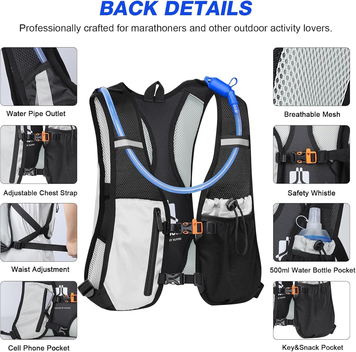 KUYOU Running Hydration Vest - Lightweight Insulated Hydration Backpack with 2L Water Bladder, Adjustable Chest Straps and Reflective Water Backpack for Trail Running Marathon Race Hiking Cycling
