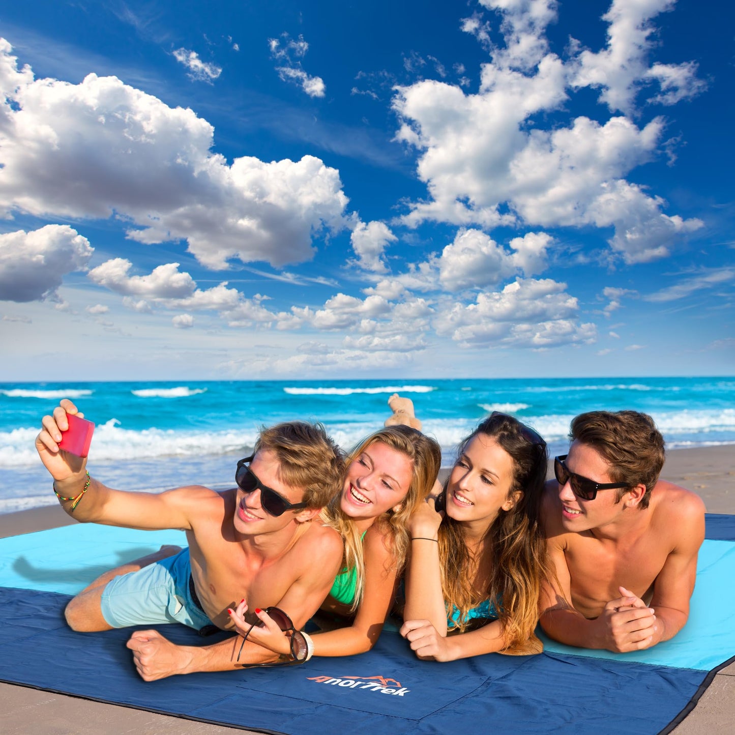 AnorTrek Beach Blanket Sandproof, Extra Large Beach Mat, Sand Free Mat Quick Drying, Lightweight, Soft & Durable Mat for Beach, Yard (Dark Blue & Blue, 10 x 10 FT (1~9 Person))