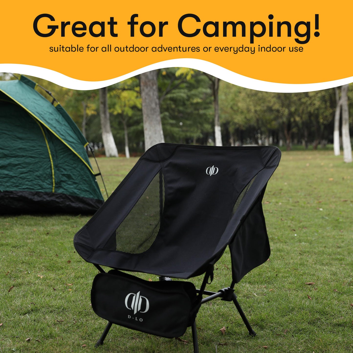 D-LO Ultralight Camping Chair - Black - Upgraded Dual Pocket - High Strength 600D Oxford Fabric - 7075 Aluminum Alloy - Great for Camping, Hiking, Lounging
