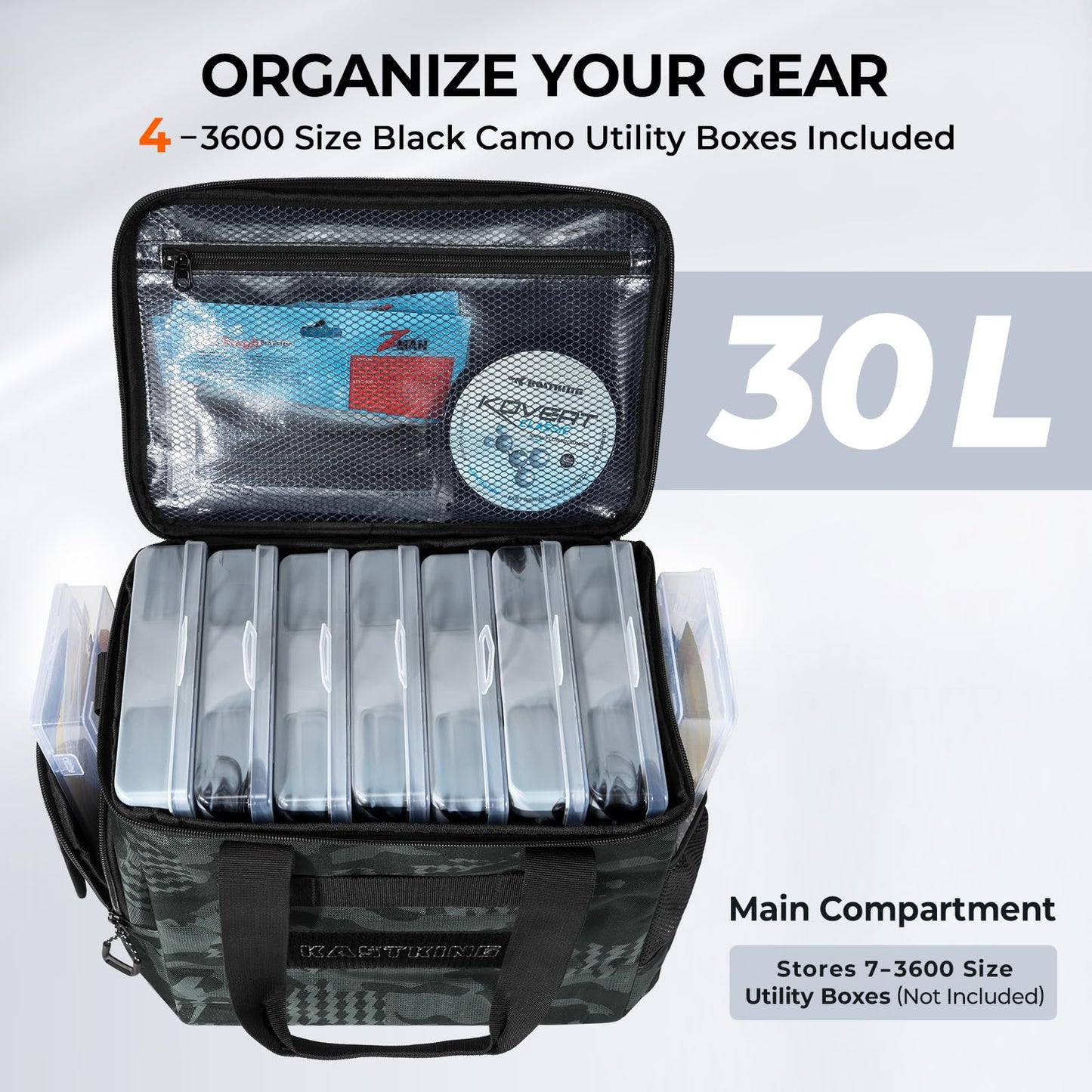 KastKing BaitSpace Fishing Tackle Bag With 4 Tackle Boxes & Removable Bait Binder, Water-Resistant Tackle Storage, Durable Fishing Gear, Adjustable Shoulder Strap
