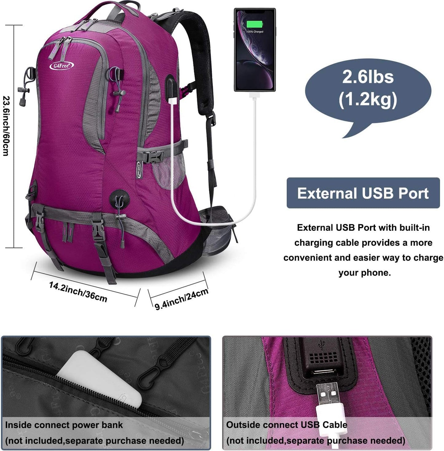 G4Free 50L Hiking Backpack Waterproof Daypack Outdoor Camping Climbing Backpack with Rain Cover for Men Women