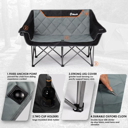 EMERIT Oversized Double Duo Camping Chair Folding Camping Loveseat 2 Person Camping Couch Heavy Duty Lawn Chairs for Outside with Padded Seats & Armrests-Support 650LBS