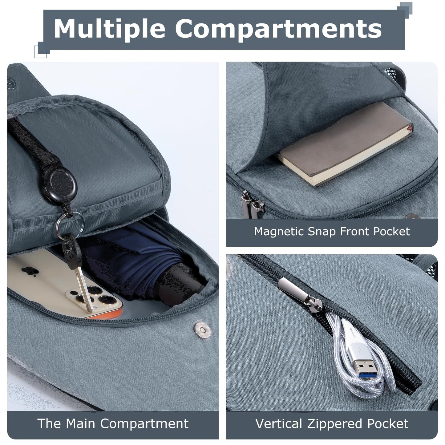 Keanoo Sling Backpack, Crossbody Bag Large Sling Bag RFID with Water Bottle Holder Phone Holder Travelling Hiking Daypack (Light Gray)