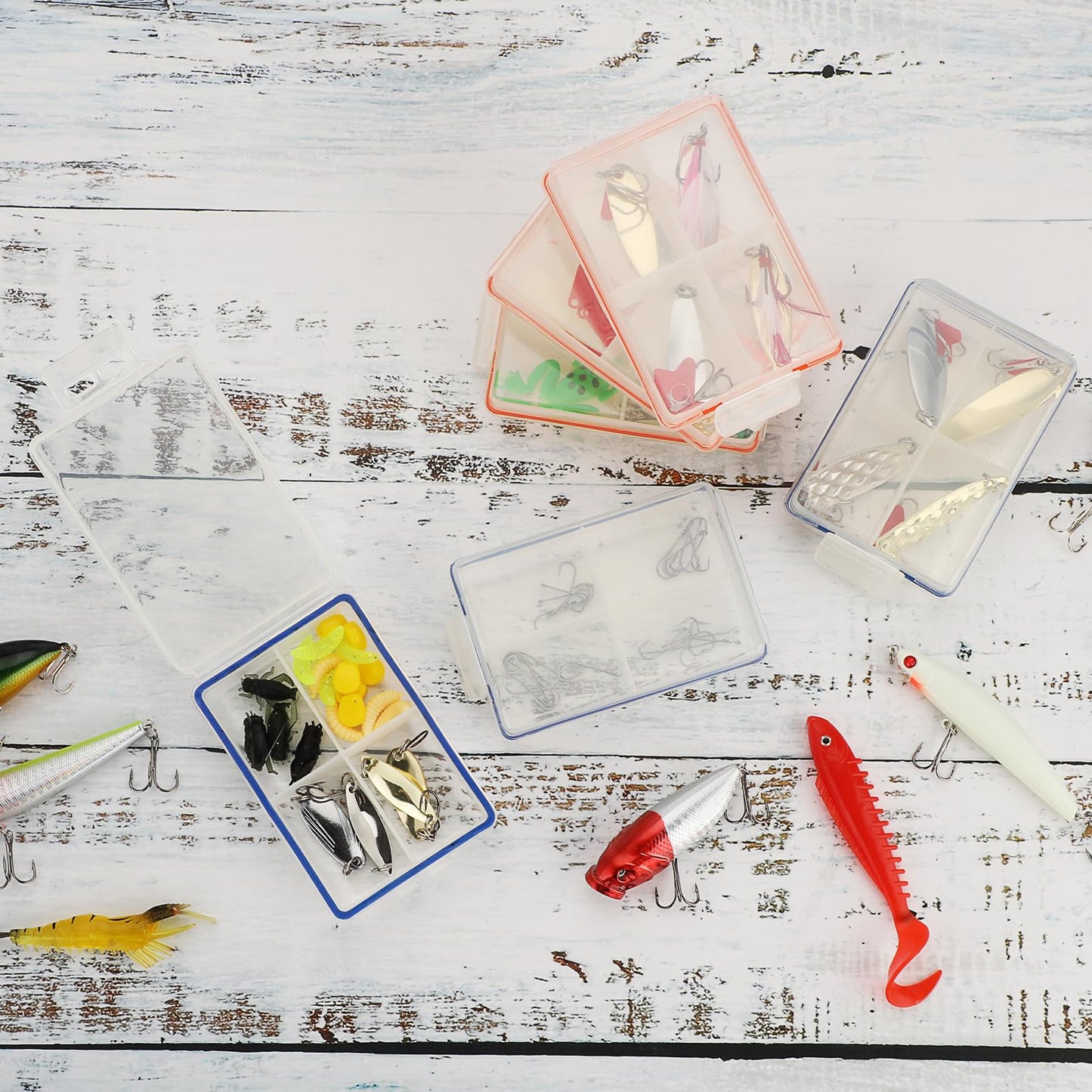 JUXYES Pack of 6 Plastic Small Fishing Tackle Box Organizer with 4 Compartments, Clear Mini Fishing Tackle Storage Boxes with Dividers, Transparent Fish Pocket Tackle Storage Box Lure Box