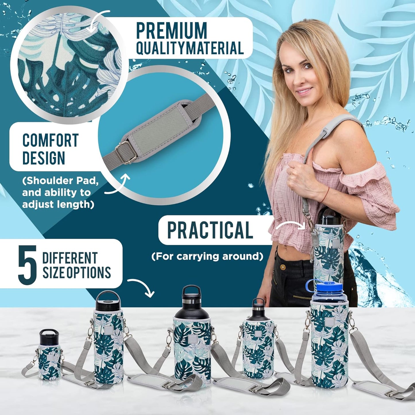 Insulated Neoprene Water Bottle Carrier | Adjustable Sling Pouch | Black, Large