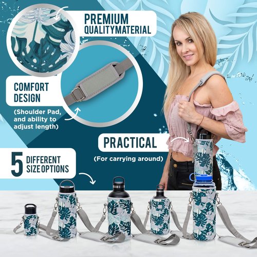 Made Easy Kit Neoprene Water Bottle Carrier Holder with Adjustable Shoulder Strap for Insulating & Carrying Water Container Canteen Flask Available in 5 Sizes (Green Gray House Floral, M (16oz-22oz))