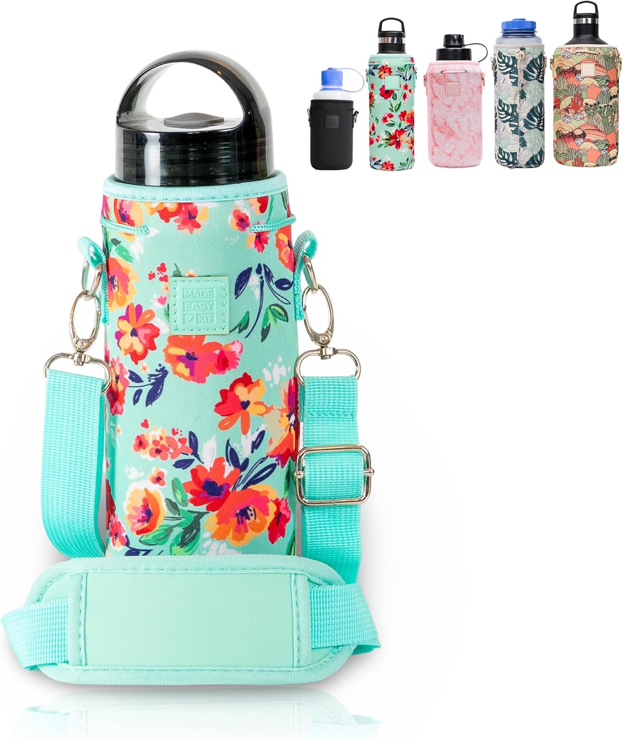 Insulated Neoprene Water Bottle Carrier | Adjustable Sling Pouch | Black, Large