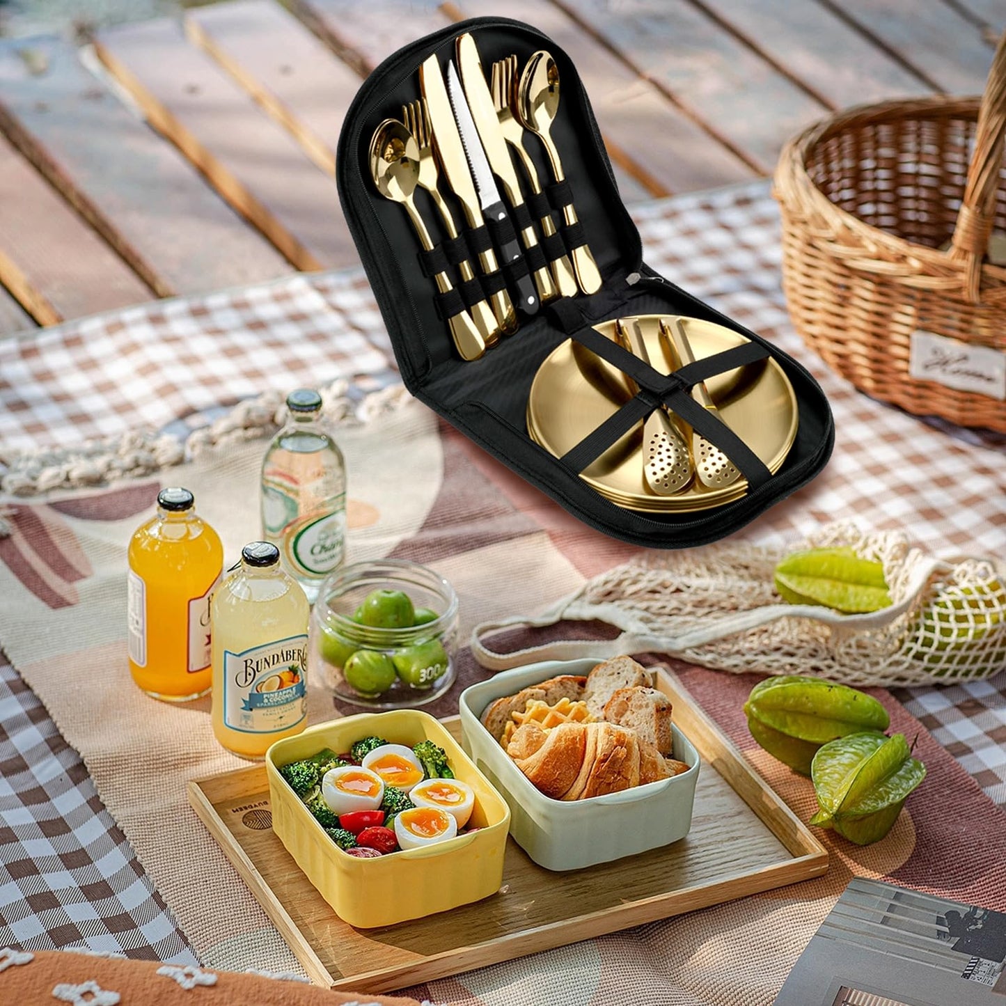 20-Piece Stainless Steel Silverware Set with Organizer, Including Plates, Knives, Forks, Spoons - Premium Outdoor Picnic Tableware for Camping (Golden)