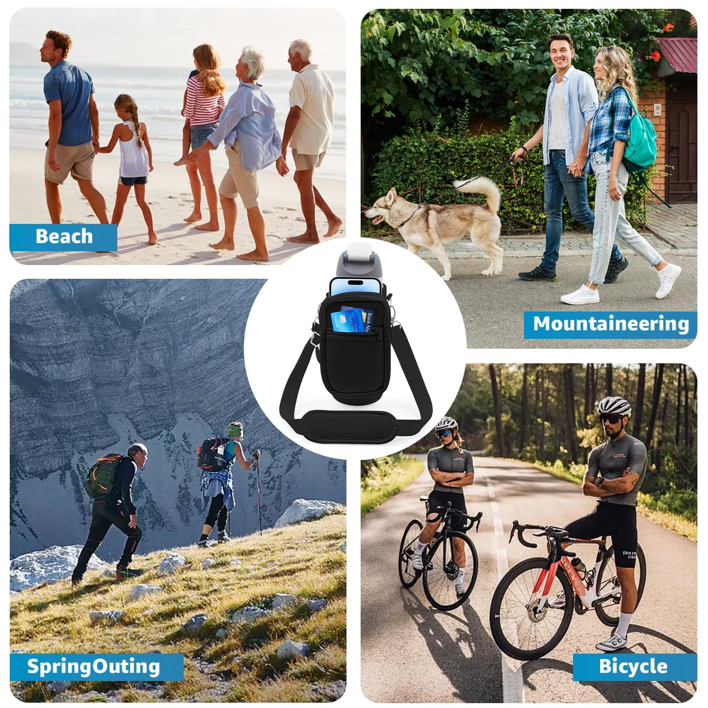 for Owala FreeSip Insulated Stainless Steel Water Bottle Cup Holder Cover Carrier Sling Bag with Strap, Pouch Pocket for Phone/Accessories, add Handle for Owala 40oz (Black-40oz)