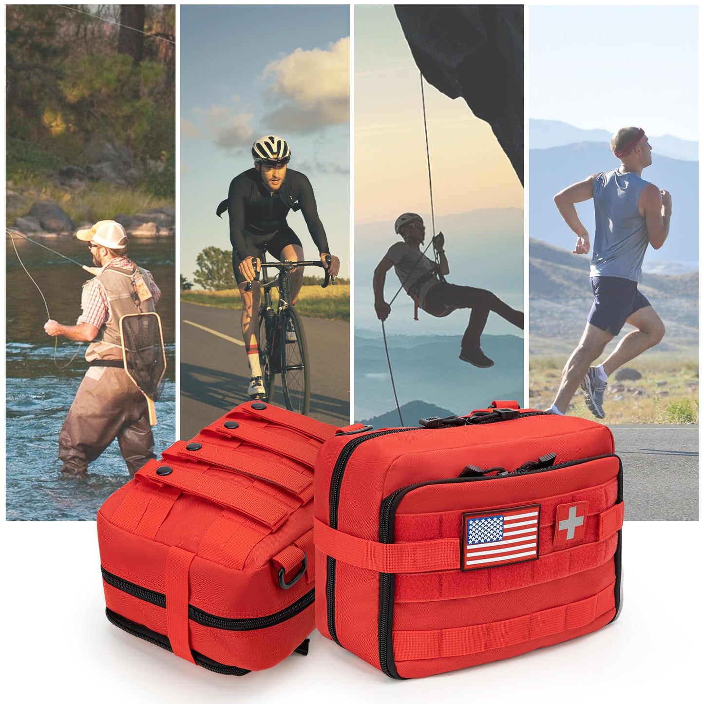 Jueachy First Aid Pouch - Molle Tactical Medical IFAK EMT Pouch - Large Capacity - Includes Flag & Cross Patch - Red