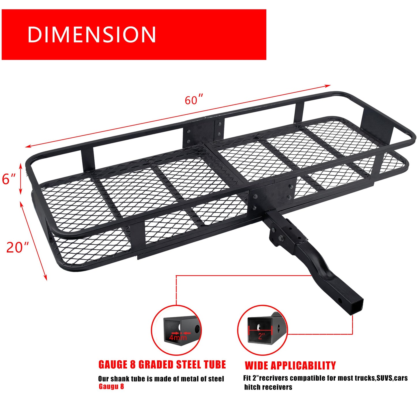Folding Hitch Mount Cargo Carrier Basket 60x20x6” Rear Luggage Rack Basket,500LBS Capacity,Hitch Mount for 2" Receivers,Powder Coating,Heavy Duty, Durable,Easy Assembly,Straps Stabilizer