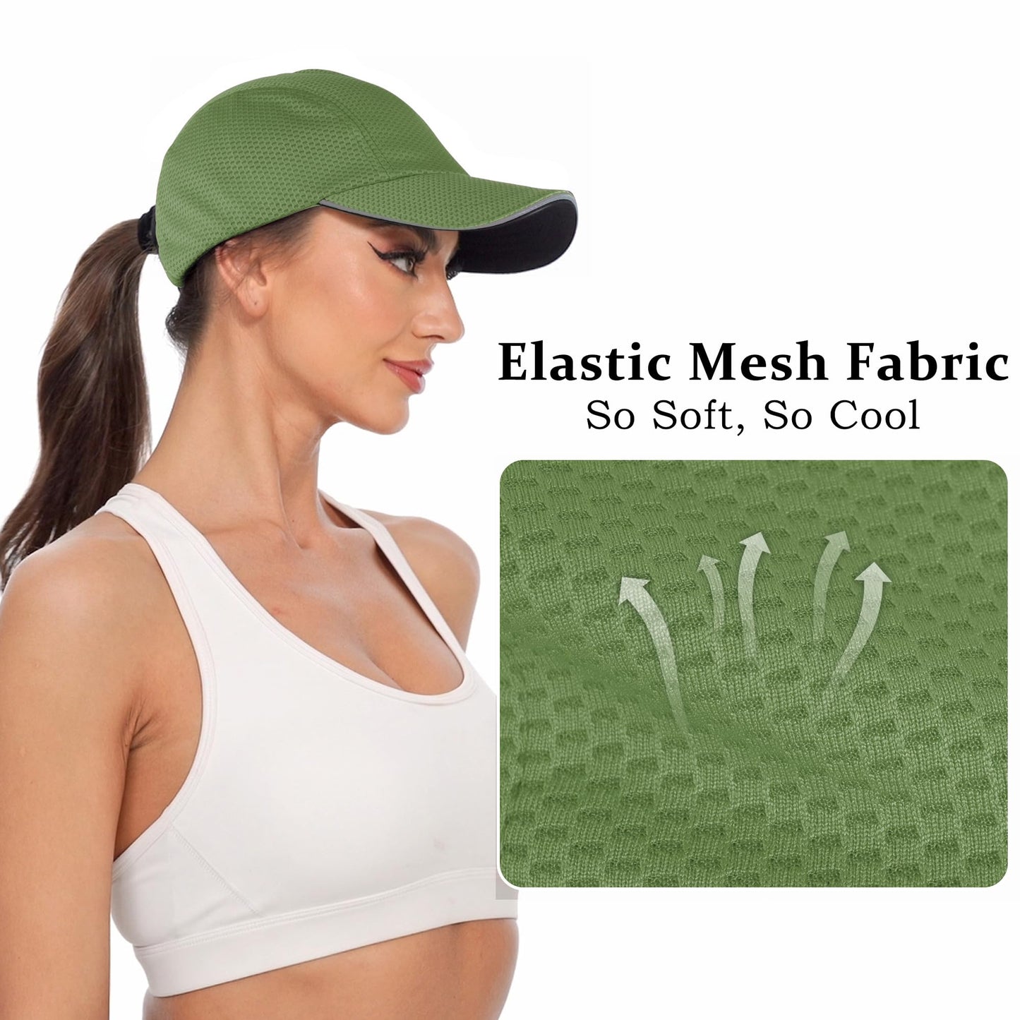 GADIEMKENSD Women's Race Day Running Hat Performance Mesh Baseball Cap Ventilation Lightweight Reflective Safety Ponytail Hats for Golf Hiking Beach Exercise Workout Gym Dark Green
