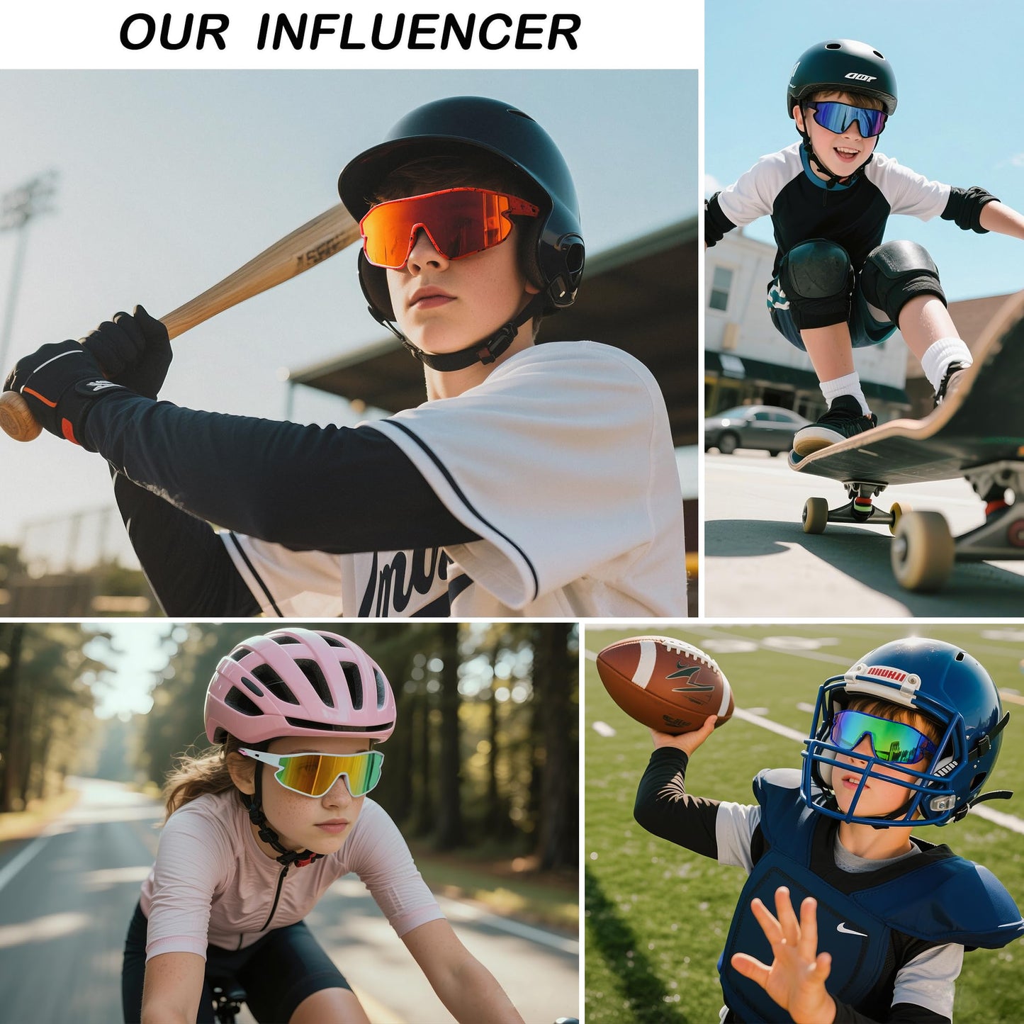 GLARDEFE Kids Baseball Sunglasses - Youth Baseball Sunglasses for Boys Girls - Sports Softball Shades Age 6-14(White/Blue Mirror + Red/Orange Mirror)