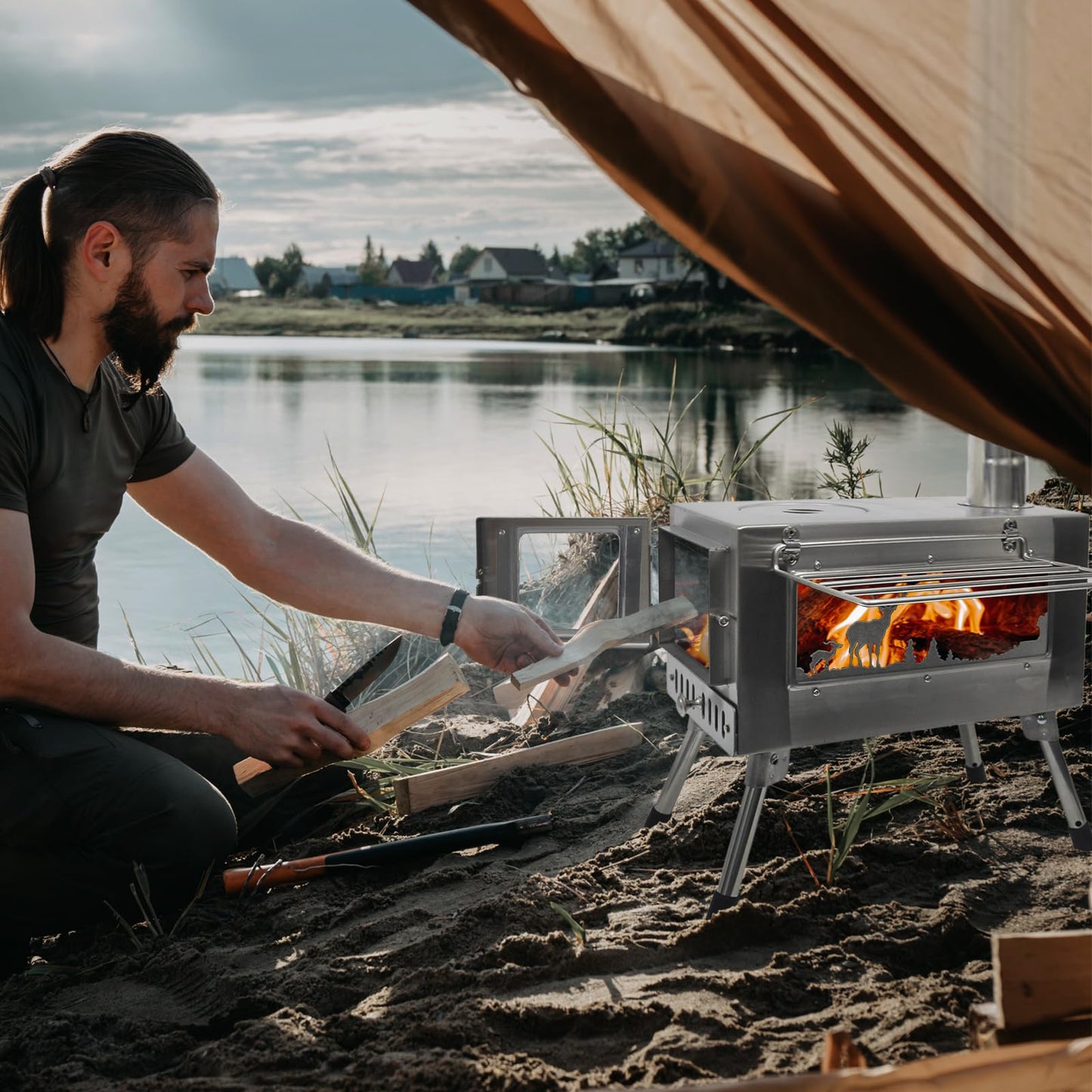 Outdoor Wood Burning Stove, Portable with Chimney Pipe for Cooking, Camping, Tent, Hiking, Fishing, Backpacking