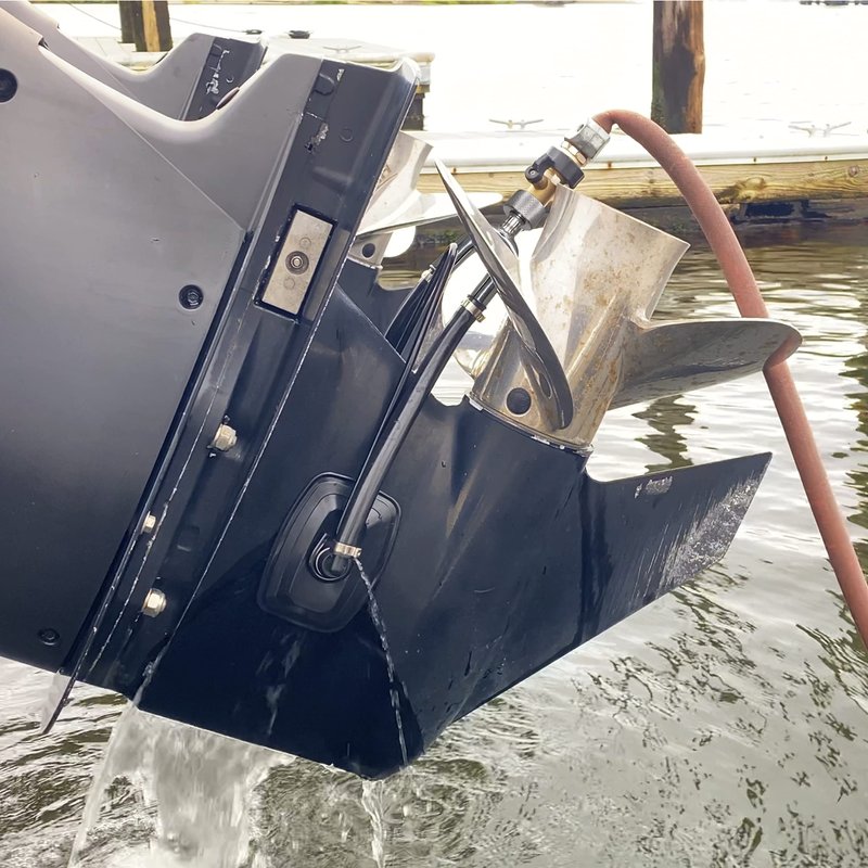 Seaworks Steel Dual Feed Muff Style Heavy Duty Steel Boat Motor Flusher | Use for Antifreeze Winterization or Common Water Flush | 5/8 Inch Standard Garden Hose Connection