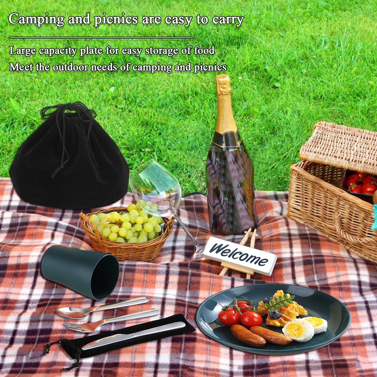 Evanda Camping Cutlery Set 5 Piece, Reusable Light Weight Mug, Plate and Stainless Steel Cutlery Set with Black Bag, for Camping 1 Person, Dishwasher Safe
