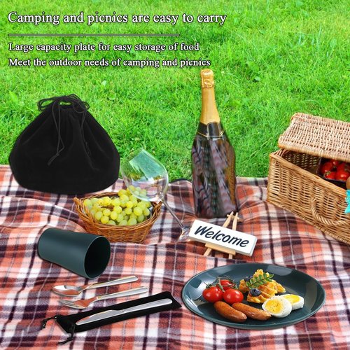 Evanda Camping Cutlery Set 5 Piece, Reusable Light Weight Mug, Plate and Stainless Steel Cutlery Set with Black Bag, for Camping 1 Person, Dishwasher Safe