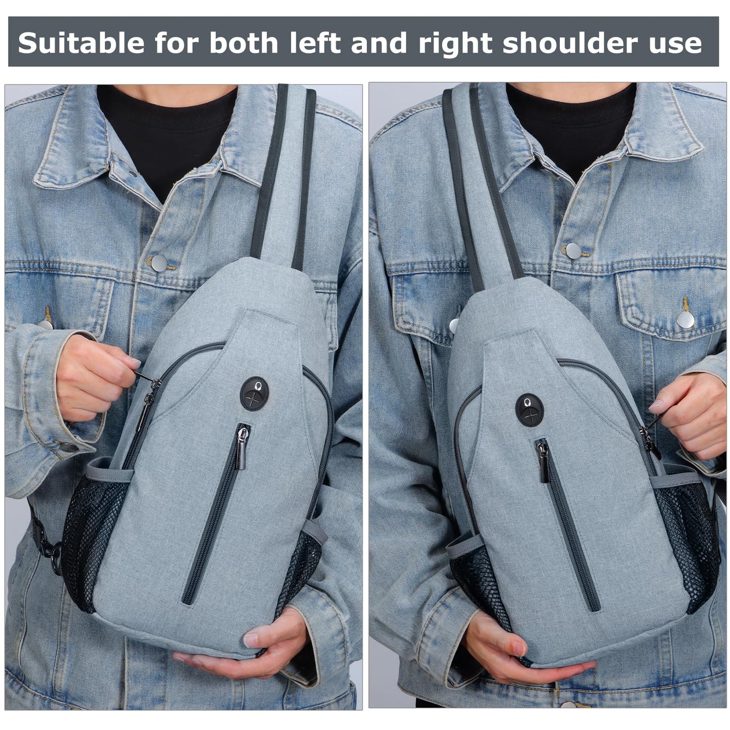Keanoo Sling Backpack, Crossbody Bag Large Sling Bag RFID with Water Bottle Holder Phone Holder Travelling Hiking Daypack (Light Gray)