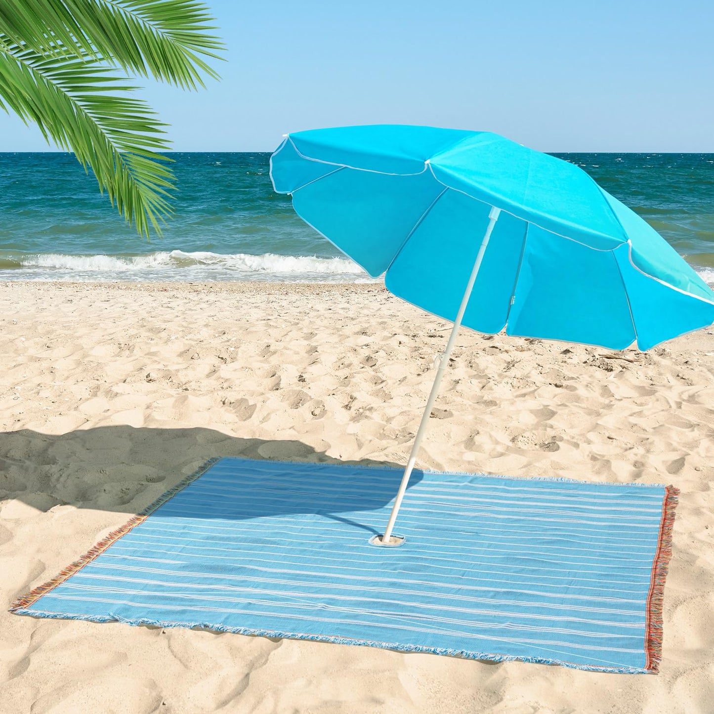 Peryiter Oversized Turkish Beach Blanket with Hole for Umbrella Cotton Extra Large Sand Free Beach Blanket Mat with Fringe Holiday Outdoor Picnic Travel Essentials Favorites, 70 x 70 Inches