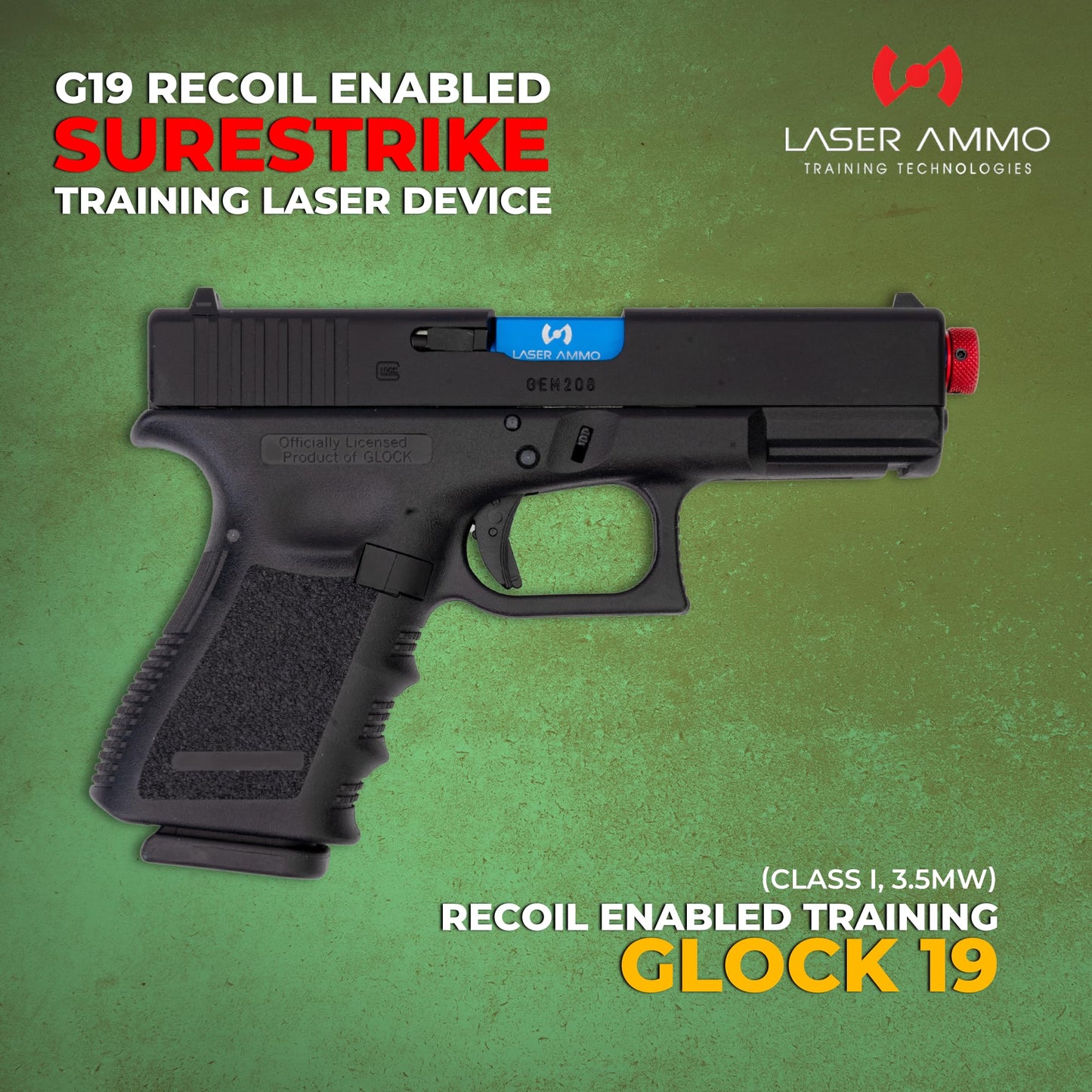 Laser Ammo Recoil Enabled SureStrike Training Laser Device (Class I, 3.5mW) for use Training Targets and Systems (Glock 19 (Red Laser))