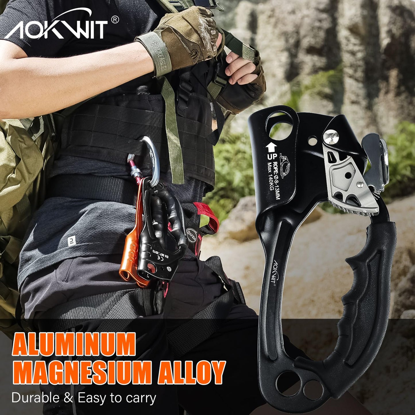 AOKWIT UIAA & CE Certified Rope Ascender Aluminum Alloy Rock Climbing Gear Strong Rigging Rappelling Equipment for Rock Tree Climbing Arborist Rescue Mountaineering Caving (Right Hand Black 1)