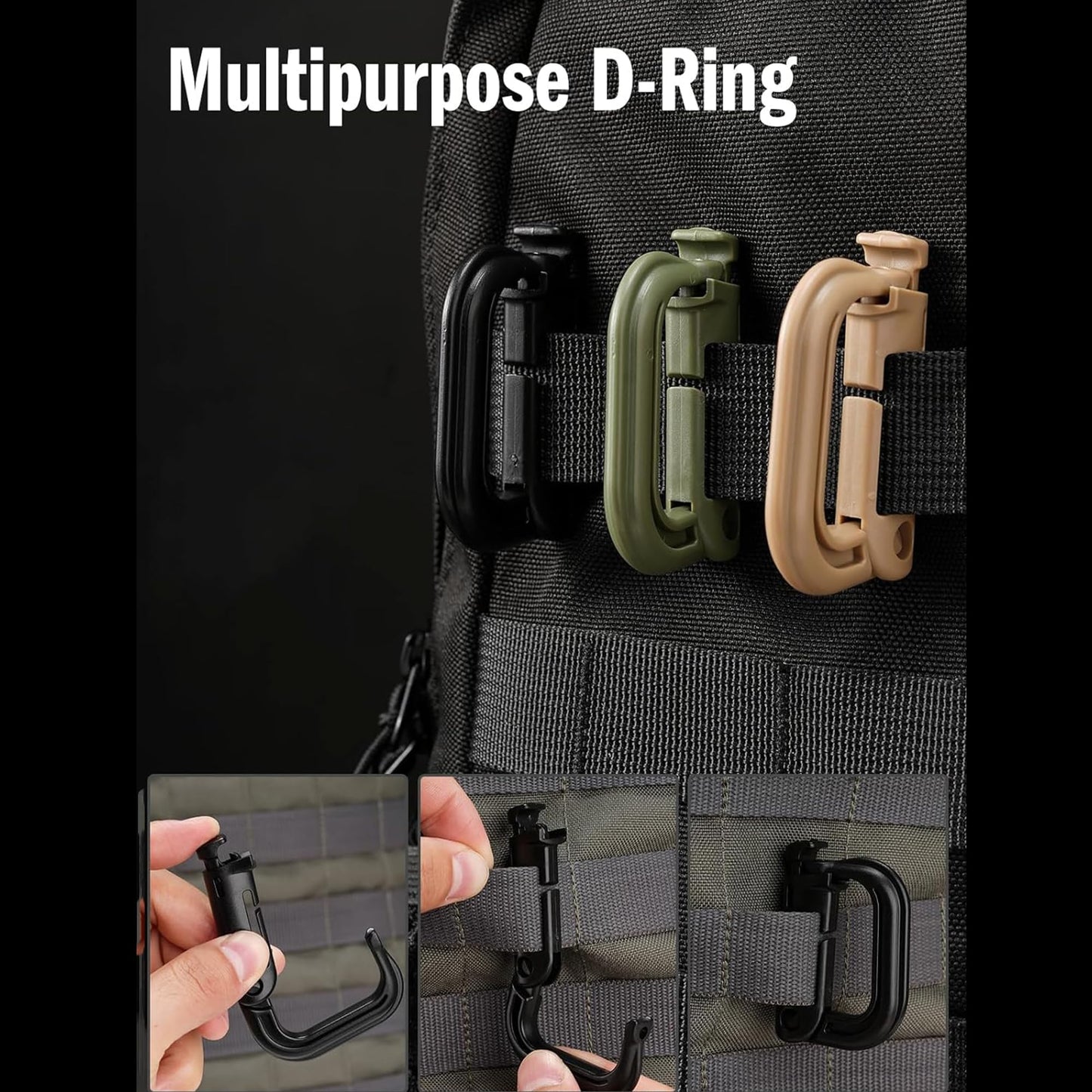 10 Pcs Multipurpose D-Ring Grimlock Locking Hanging Hook Tactical Link Snap Keychain for Molle Webbing