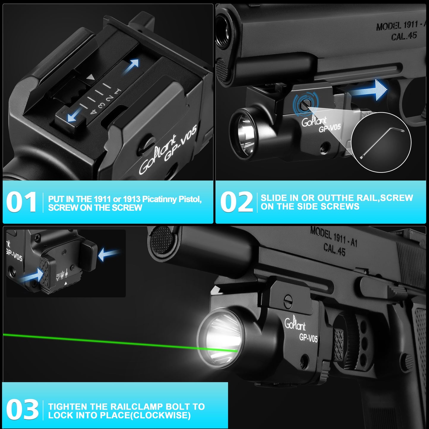 1500 Lumens Compact Weapon Laser Light, Aircraft Grade Aluminum Pistol Light, Adjustable Rail-Mounted Handgun Light and Green Laser Combo (Black)