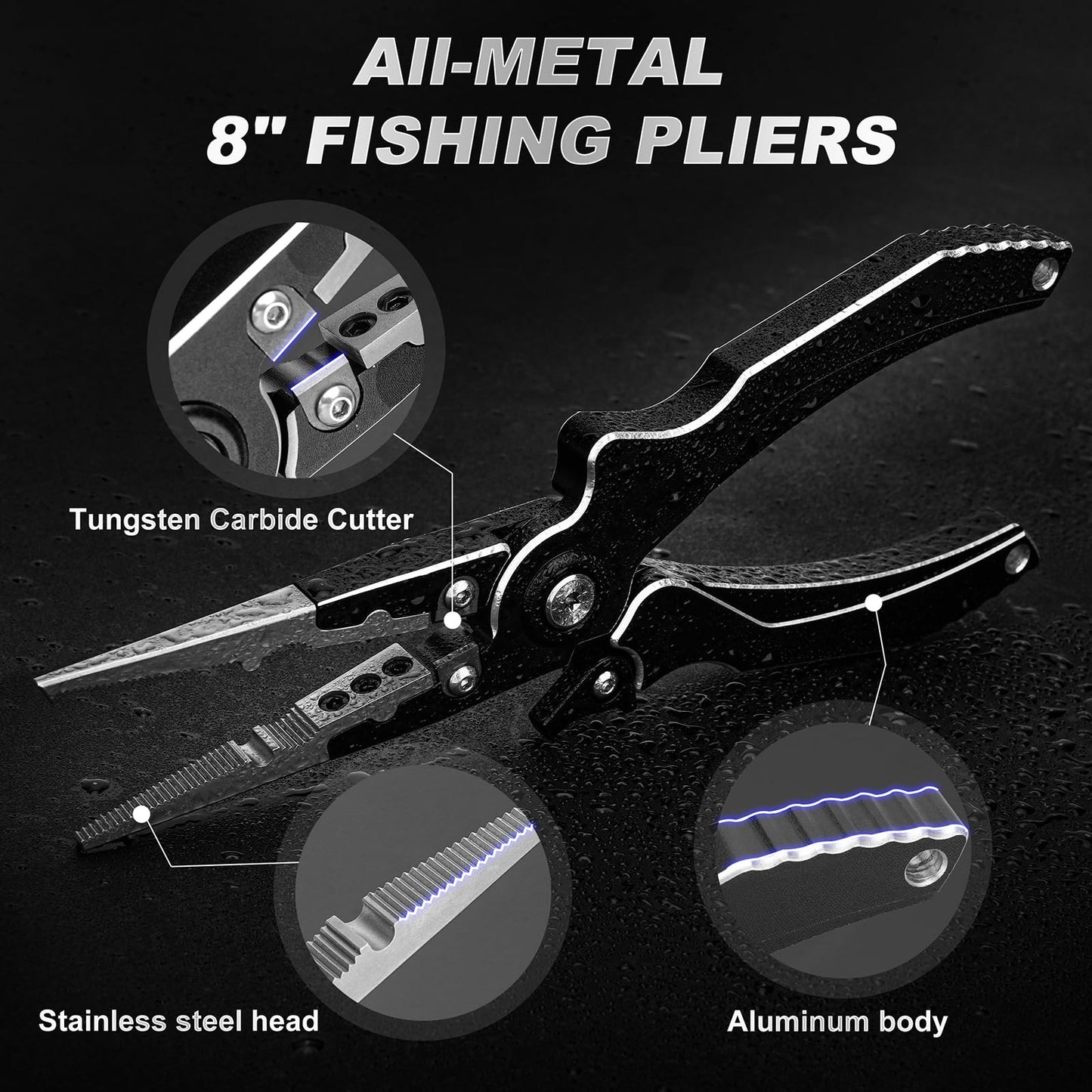 Aluminum Alloy Fishing Pliers, Corrosion Resistant,Multifunctional Hook Remover with 2 Sheaths,Safety Lock, Fishing Line Cutting,Tungsten Carbide Cutters, 8 Inch Lightweight Fishing Tool