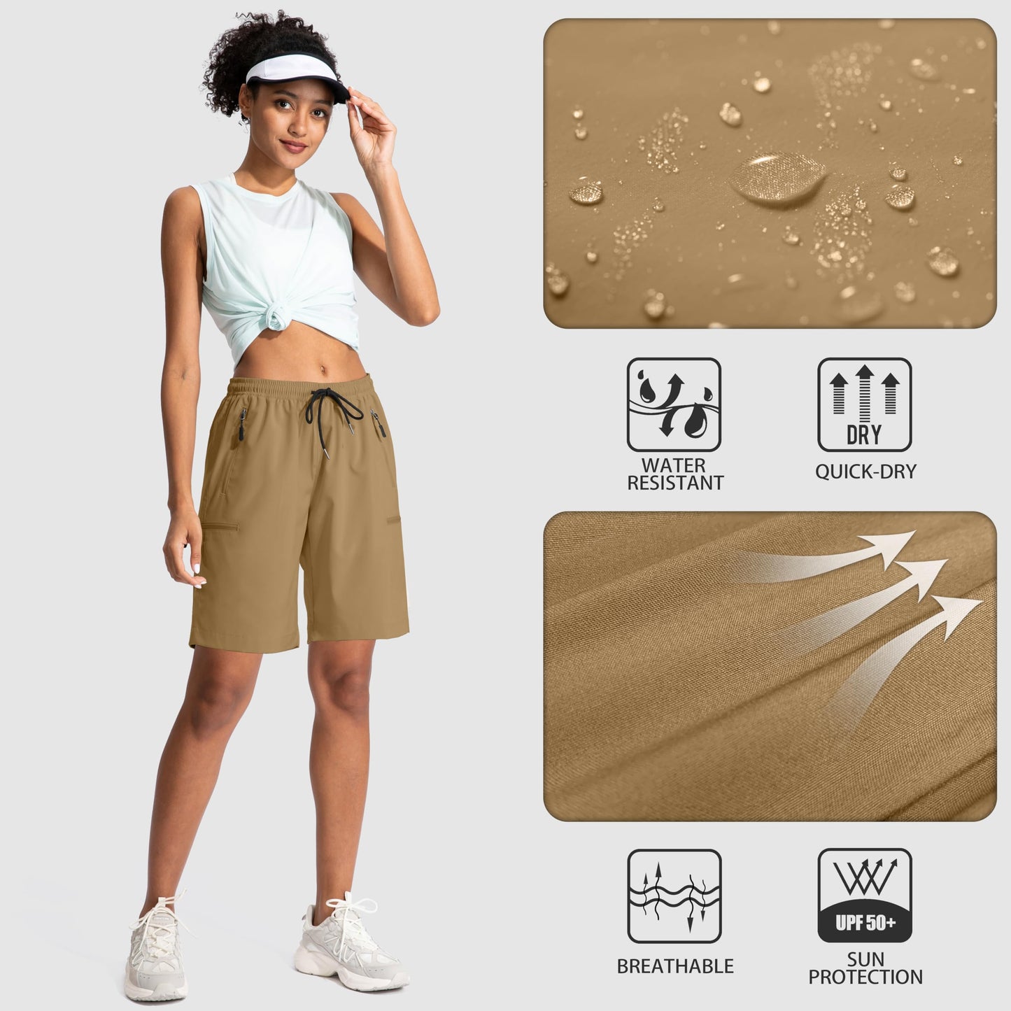 SANTINY Women's 5''/ 7''/9'' Hiking Cargo Shorts Quick Dry Lightweight Summer Shorts for Women Athletic Zipper Pockets(Dark Khaki_XXL)