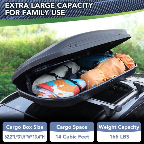 GarveeTech Rooftop Cargo Box Carrier,Dual-Side Opening Roof Mount Travel Luggage Storage Capacity,165Lbs Weight Capacity with Secure Straps&Keys, Vehicle Hard-Shell Carriers,Black (14 Cubic Feet)